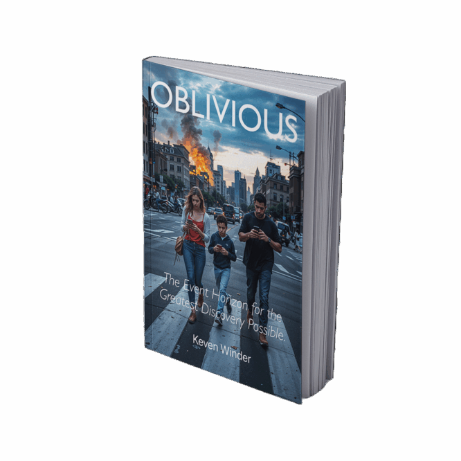Image of Keven Winder's book entitled "OBLIVIOUS". It is a three dimensional image of the paperback version, and the cover of the book can be seen. The cover depicts a family walking across the busy street, each being distracted by their phones, while the city is on fire in the background.