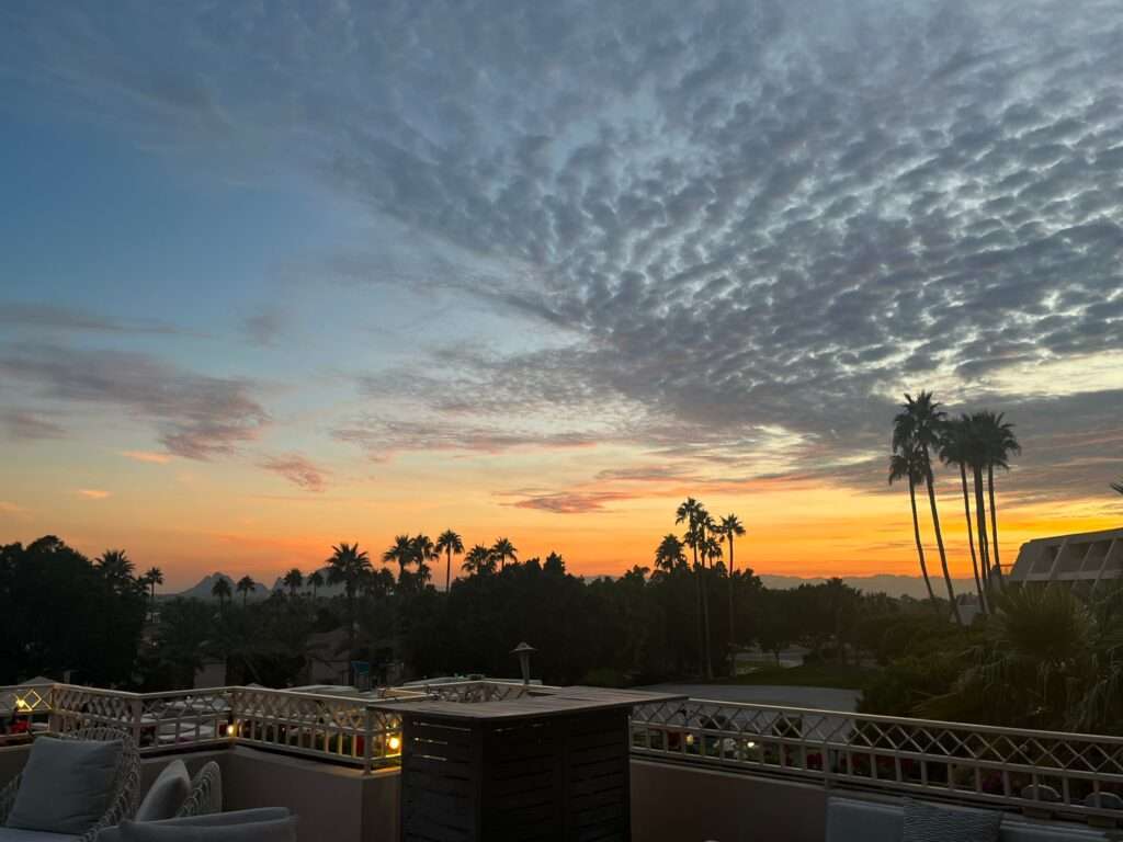 Sunrise over Southern California with palm trees in the horizon.