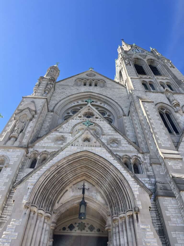 A close up picture looking straight up at the St. Louis University Church
