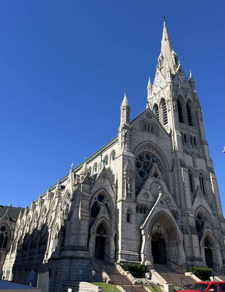 Picture of very large stone and brick church with spires and tall steeple. It is the St. Louis University Church.