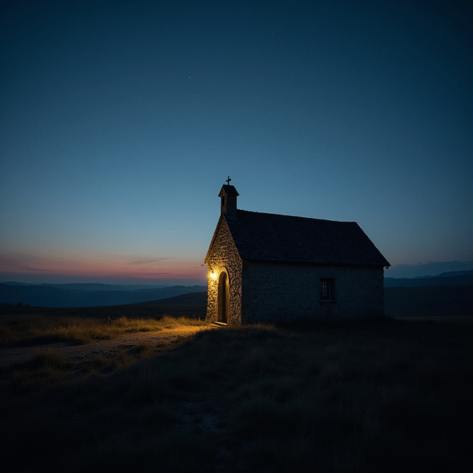 AI generated photo of an old stone chapel sitting on the top of a hill. It has a small steeple with a cross on it. there is a light over the front door and it is dusk, right before morning